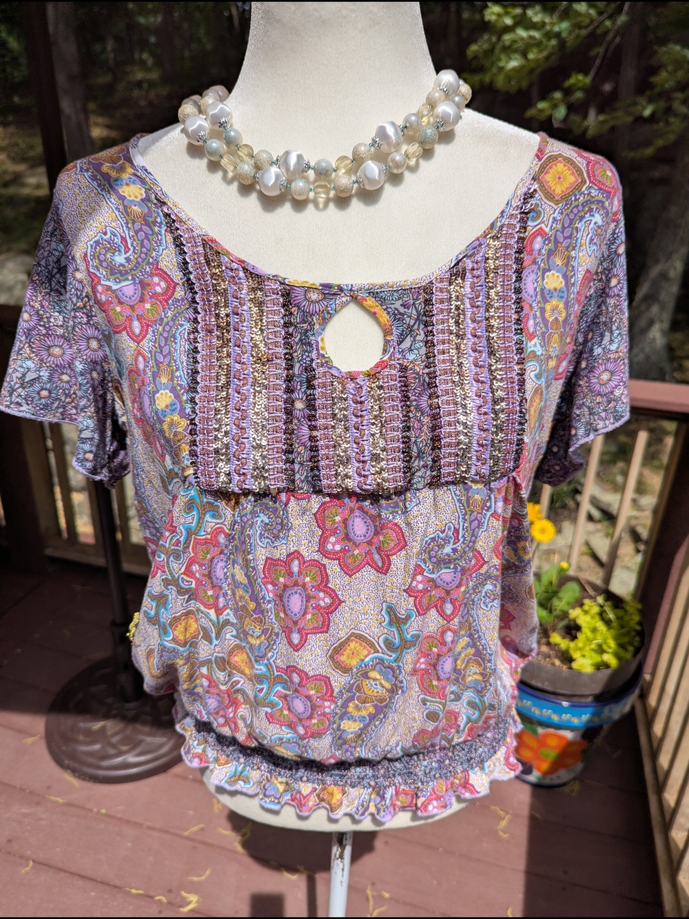 ONE WORLD Purple Floral Keyhole Boho Blouse